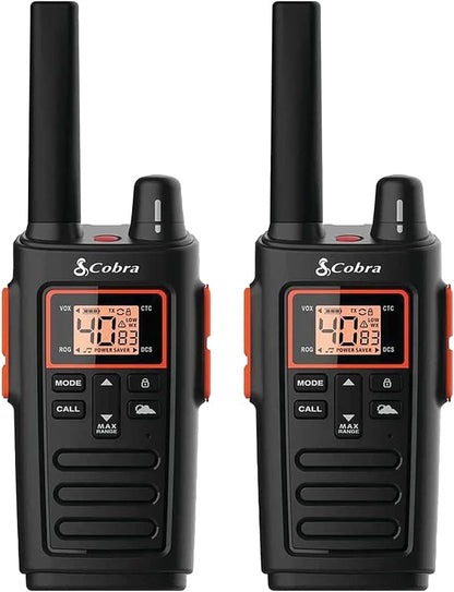 Cobra RX380 Walkie Talkies (2-Pack) – Weather Resistant Two Way Radios Long Range, 40 Pre-Programmed Channels, Weather Alerts, LED Flashlight, Long-Life NiMH Batteries (Black)