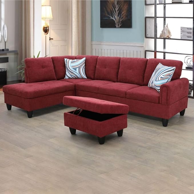 Red L-Shaped 3-Piece Flannel Sofa with Storage Ottoman Set, Sectional Couch Sofa Set for Living Room, Office, Small Space