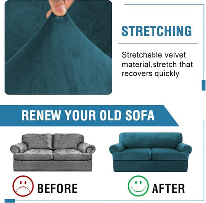 H.VERSAILTEX Sofa Cover 3 Piece T Cushion Sofa Slipcovers Thick Velvet Couch Cover Furniture Protector Stretch T Cushion Sofa Covers for 2 Cushion Couch with 2 Individual T Cushion Covers, Deep Teal