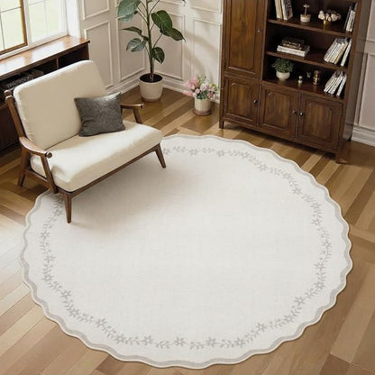 GarveeHome Round Area Rugs 4ft for Kids Room, Solid Beige Scalloped Washable Circle Rug Soft Non Slip Floral Print Floor Mat Carpet Indoor Thin Tent Rug for Bedroom Dining Room Playroom Nursery