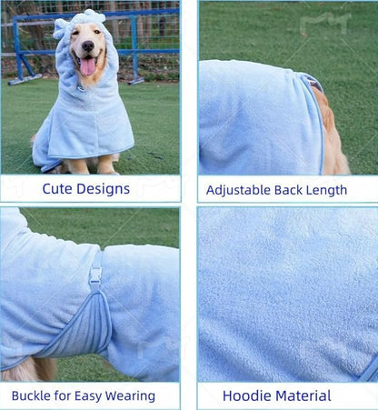 Pet Bathrobe for Dog Cat Absorbently Quick Drying Coat Cute Dogs Bath Towel Hooded Robe Adjustable Collar & Belly Strap for Pool Beach (Blue, X-Small)