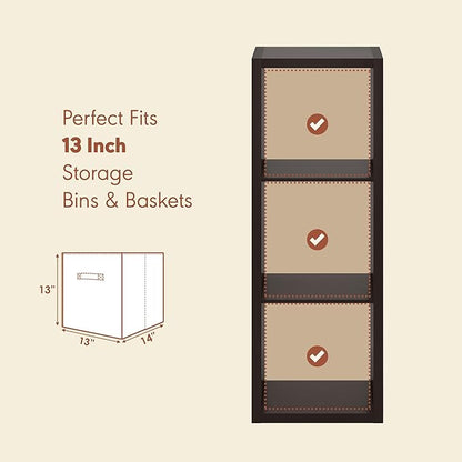 Furinno Cubicle Record Player Stand with Vinyl Storage, 3-Cube 1.2 Extra Thick Vinyl Record Storage, Open Back Media Shelf for CD DVD Blueray Game Disc, for Living Room, Home Office, Black Dark Oak