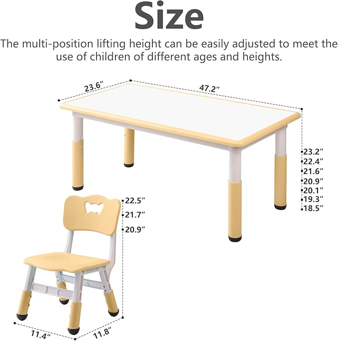 Children's Table and Chair Set Suitable for Boys and Girls Age 2-12 Height Adjustable Table top Can be Painted with 6 Seats Suitable for Family Learning Daily use (Wood Color)