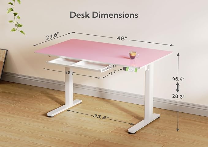 INNOVAR Glass Standing Desk with Drawers, Adjustable Height Stand Up Desk, Electric Standing Desks with Storage, 48 inch, Morandi Powder