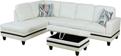 L Shaped Couch PU Leather Sectional Couch Upholstered 3 Pieces Sofas for Living Room with Chaise, Storage Ottoman for Office and Small Apartment, Black and White
