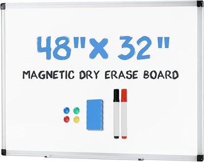 OLIXIS Magnetic White Board, Dry Erase Board for Wall 32" x 48", Whiteboard with 1 Dry Eraser & 2 Multicolor Markers & 4 Magnetic Pins, Aluminium Frame for Home, School, Office, White