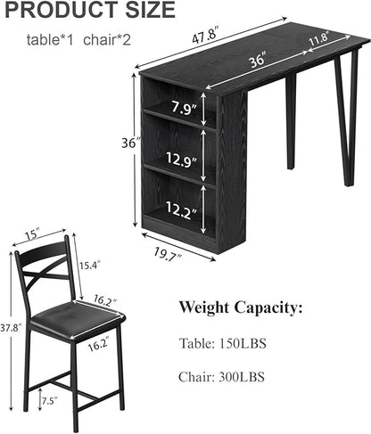 Garvee Bar Table and Chairs Set, 3 Piece Bar Table Set with with Flip Top Extension and Storage Shelves, Dining Table Set for 2, Suitable for Small Space Kitchen Apartment, Black
