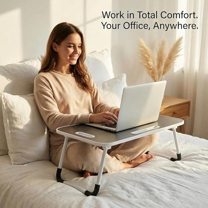 BUYIFY Folding Lap Desk, 23 Inch Portable Wood Black Laptop Bed Desk Lap Desk with Cup Holder, for Working Reading Writing, Eating, Watching Movies for Bed Sofa Couch Floor