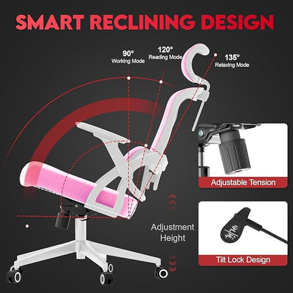 Ergonomic Office Chair - 400LB Comfy Desk Chairs with Headrest and Back Support, Heavy Duty Mesh Computer Chairs with Wheels and Arms for Home Office, Study, Bedroom and Dorm (04Pink)