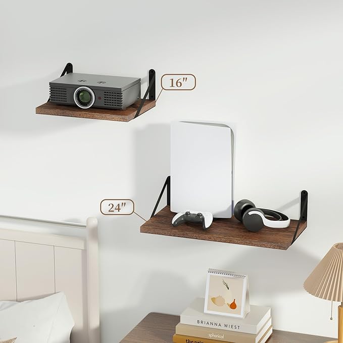 SAUMONIERES Floating Shelves Bookshelf for Bedroom Bathroom Living Room Wood Wall Mounted Wide Deep Storage, Rustic Brown Shelves Set of 2