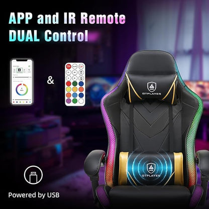 GTPLAYER Gaming Chair, RGB Gaming Chairs with LED Lights, Video Gaming Chair for Adults, Ergonomic Computer Gaming Chair with Linkage Armrest, Reclining Chair with Headrest (with Massage, Black)