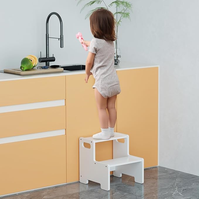 Wooden Step Stool for Kids/Adults,Supports 300 lbs Kids Toddler Stepping Stool for Toilet/Kitchen/Bed,White 2 Packs