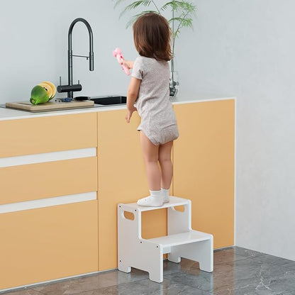 Wooden Step Stool for Kids/Adults,Supports 300 lbs Kids Toddler Stepping Stool for Toilet/Kitchen/Bed,White 2 Packs