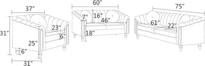 Sectional Sofa Set, Microfiber Chesterfield Upholstered Sofas Loveseat Couch Chair Sets with Style Button Tufted, Scroll Arms and Nailhead for Living Room, Office, Apartment-Black,S