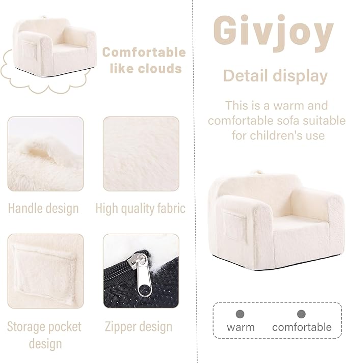 Toddler Chair Plush Couch, Comfy Kids Sofa Lounger for Bedroom, Convertible Couch for Girls & Boys, Reading Chair