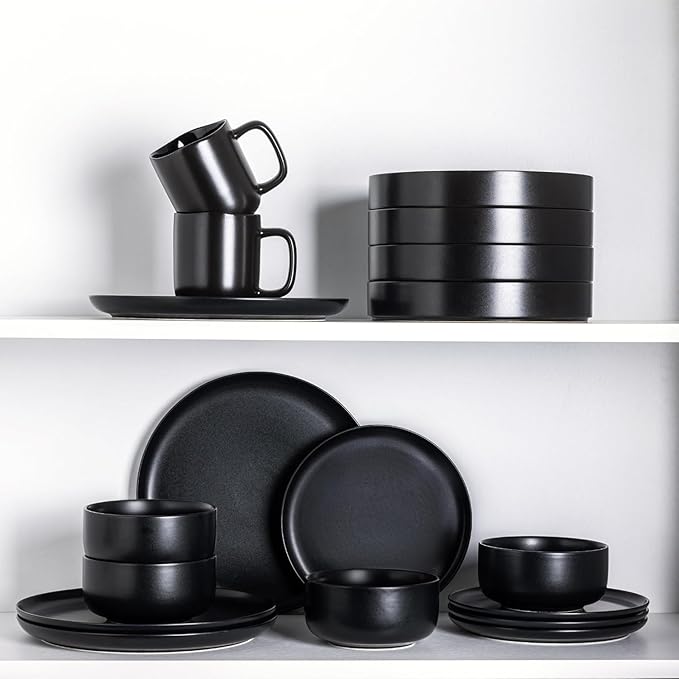 LERATIO Stoneware Dinnerware Sets for 6,Handcarft Ceramic Plates and Bowls Sets,Chip and Scratch Resistant Dishes, Dishwasher & Microwave Safe, Oven safe,Reactive Glaze-Black