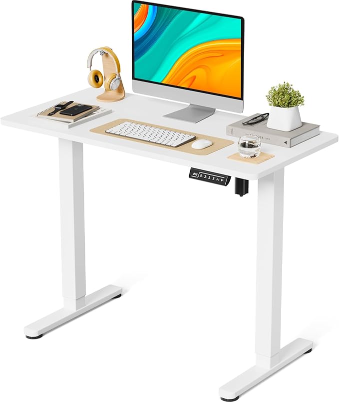 JOY worker Small Electric Standing Desk, 40" x 20" Whole Piece Height Adjustable Desk with Memory Controller, White Sit to Stand Desk Workstation for Home Office