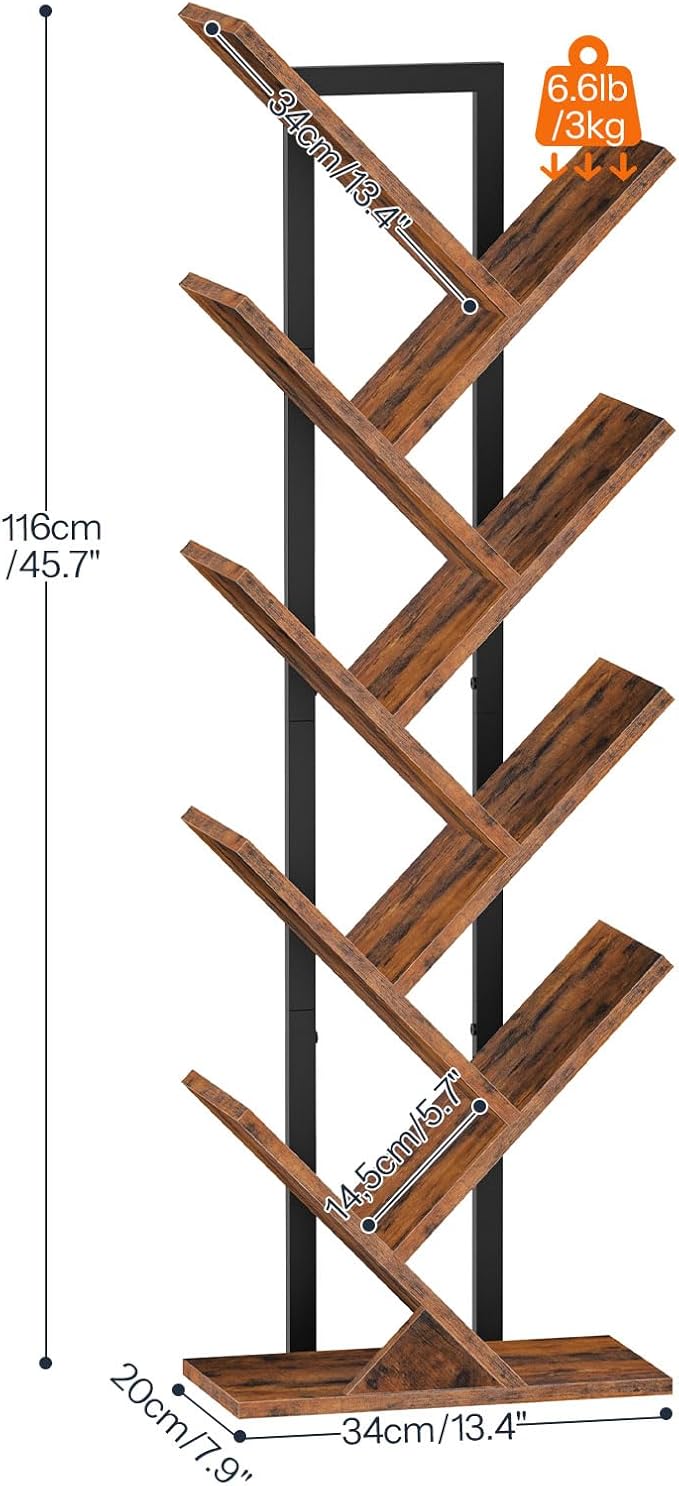 HOOBRO Tree Bookshelf, 9-Tier Tree Bookshelf with Lights, Space-Saving Book Shelf, Holds Books, CDs, Floor Standing Bookcase for Office, Living Room, Bedroom, Rustic Brown and Black BF08DSJ01