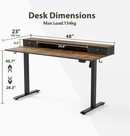 48 x 23 Inches Height Adjustable Electric Standing Desk with 2 Drawers, Stand Up Electric Desk Adjustable Height, Sit Stand Computer Gaming Table with Splice Board, Dark Walnut