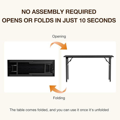 TEMI Long Computer Desk Folding Table - No Assembly, Compact 55.1" Foldable Desk with Power Outlets & USB Charging Port, Portable Lagre Office Desk, Study Table for Narrow Spaces, Dark Oak