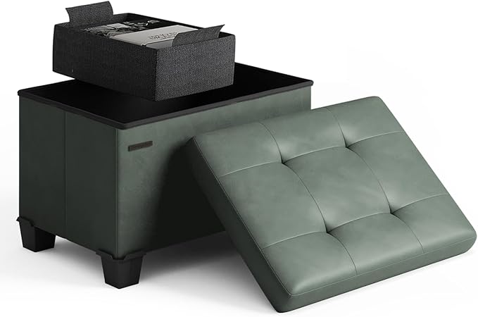 STORAGEBUD Storage Ottoman Cube with Small Bin, 16-in Square Ottoman with Storage for Living Room and Bedroom, Small Ottomans Foot Rest, Faux Leather Foot Stools Ottomans Max 330lbs, Green