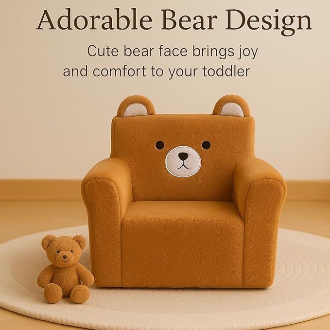 Cute Animal Toddler Foam Chair, Soft Faux Rabbit Fur, Comfy Toddler Lounge Chair and Couch with Arms, Removable Washable Cover, Kids Reading, Relaxing, for Playroom, Bedroom, Ages 1-3, Bear