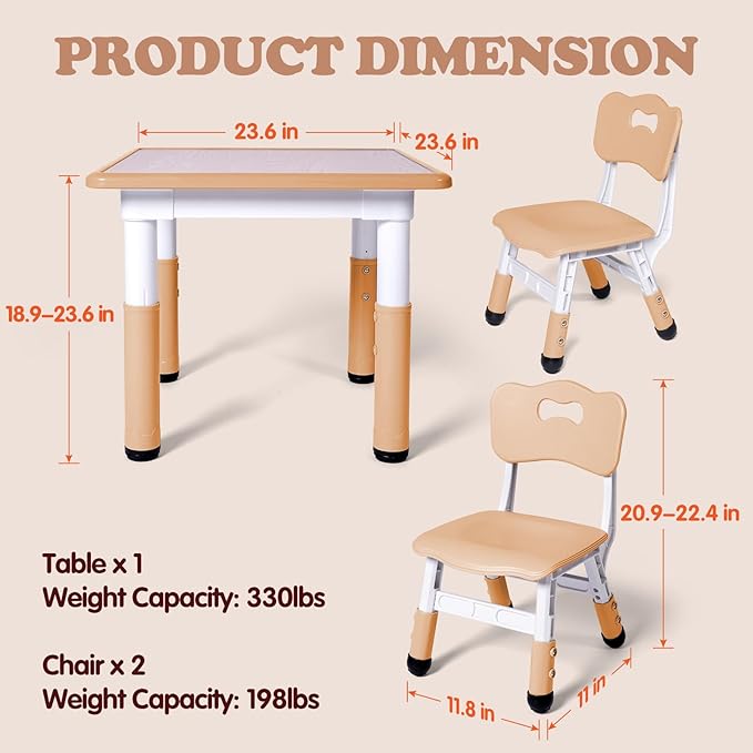 Kids Table and 2 Chairs Set, Height Adjustable Toddler Study Table and Chair Set, Kid Size for Ages 3-8 Children, Graffiti Desktop, Easy to Wipe/Arts & Crafts, Homes/Classrooms/Daycare (Beige)