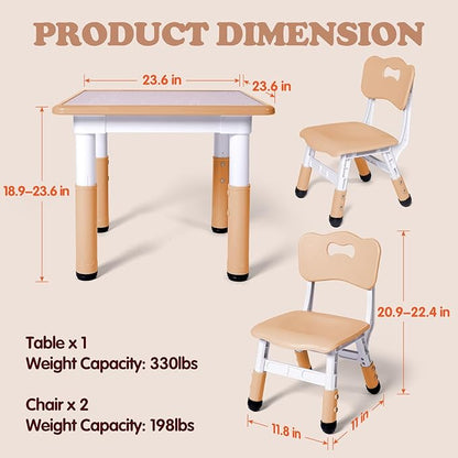 Kids Table and 2 Chairs Set, Height Adjustable Toddler Study Table and Chair Set, Kid Size for Ages 3-8 Children, Graffiti Desktop, Easy to Wipe/Arts & Crafts, Homes/Classrooms/Daycare (Beige)