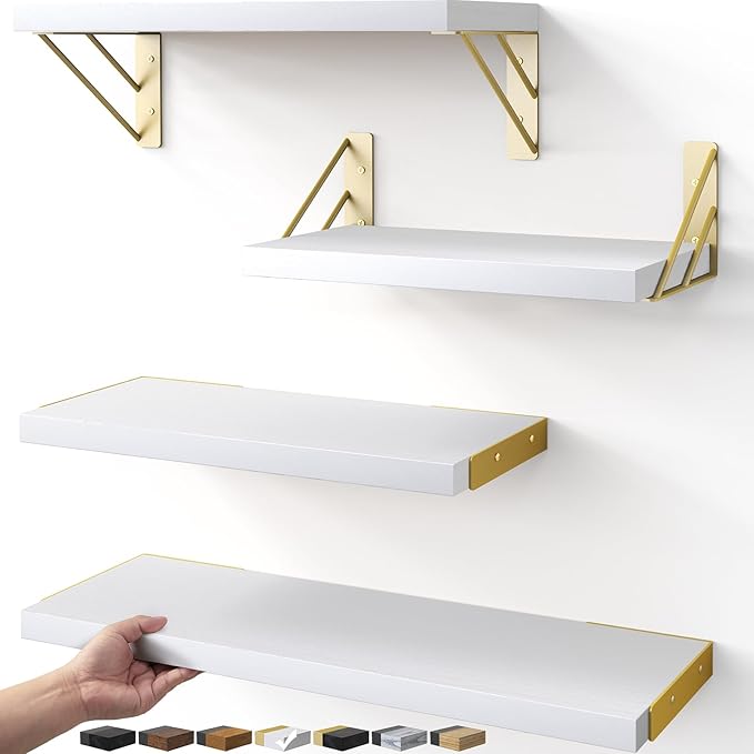 BAYKA Wall Shelves for Bedroom Decor, Floating Wall Shelves for Living Room Kitchen Storage, Wall Mounted Rustic Wood Shelves for Kids Books, Corner Shelf for Bathroom(White and Gold，Set of 4)