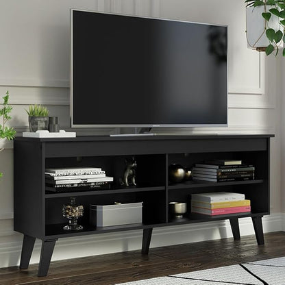 Madesa Compact TV Stand Cabinet with 4 Shelves and Cable Management for 50, 55 Inch TV Media Storage Unit Living Room and Bedroom Modern Wooden Television Media Console - Black