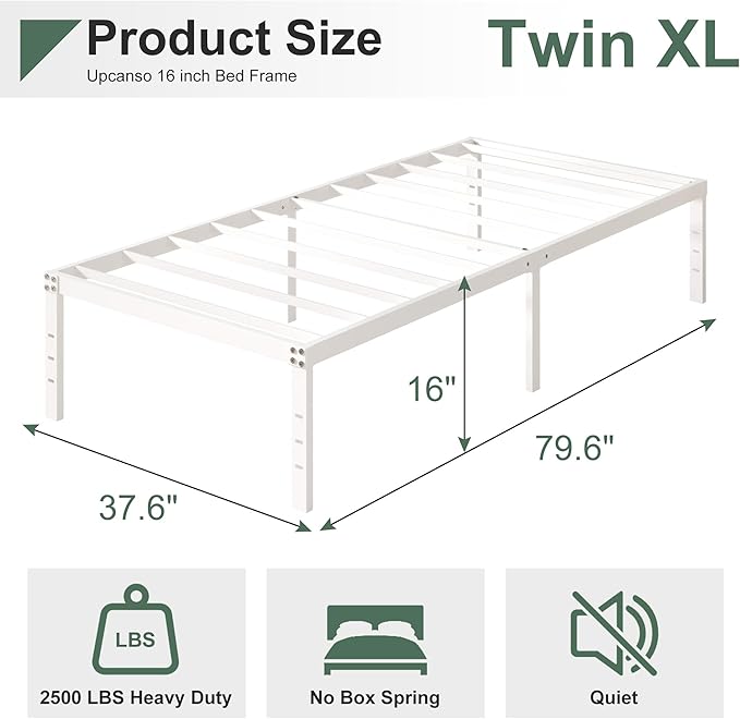 16 Inch White Twin XL Bed Frames, Metal Platform Twin XL Bed Frame with High Storage, Eassy Assembly 2,500 lbs Heavy Duty Bedframes
