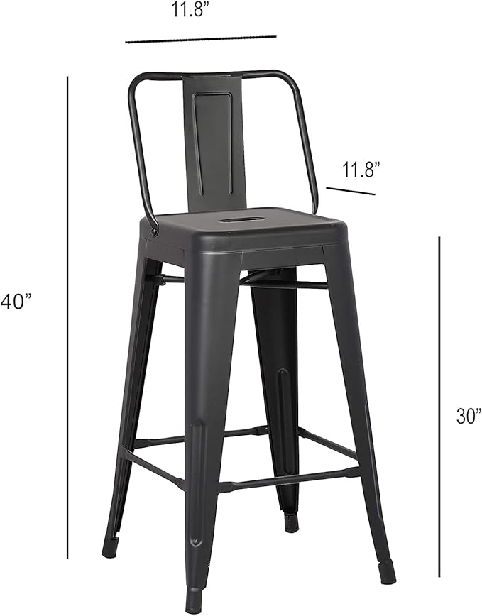 AC Pacific 30” Metal Barstool Set of 2 – Country Rustic Style with Low Back, Lightweight & Sturdy Build, Easy Assembly – Midnight Matte Finish