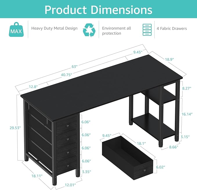 Lufeiya Gaming Desk with 4 Fabric Drawers & Storage Shelves, 63 inch Computer Writing Work Study Desk for Home Office Bedroom, Modern Simple Student PC Desks Table, Black