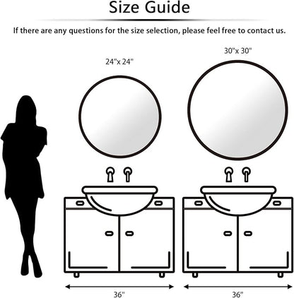 24 inch Round Mirror Black Metal Framed Wall Mount Bathroom Vanity Real Glass Circle Mirror for Home, Entryway, Living Room, Bedroom