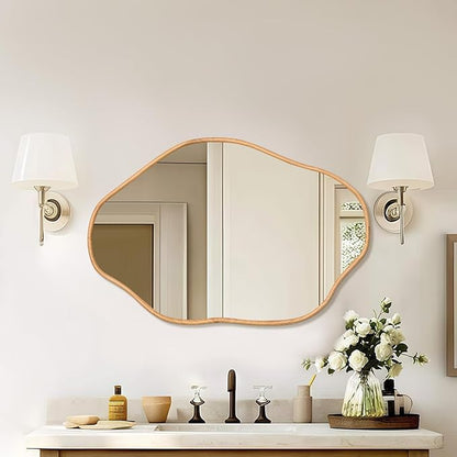 ULIKE Irregular Wall Mirror, 24x36 Inch Asymmetrical Wall Mirror with Solid Wood Frame, Mid-Century Modern Decor with Natural Wood, Vanity Mirrors for Bathroom Bedroom Living Room Entryway