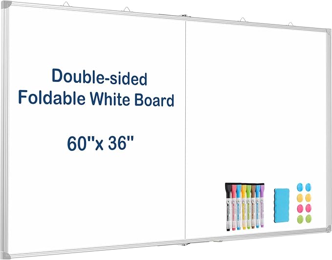 WALGLASS Large White Board Dry Erase Board, 60" x 36" Double-Sided Foldable Dry Erase Board for Wall, Magnetic Whiteboard for Office, Home, School, Kitchen