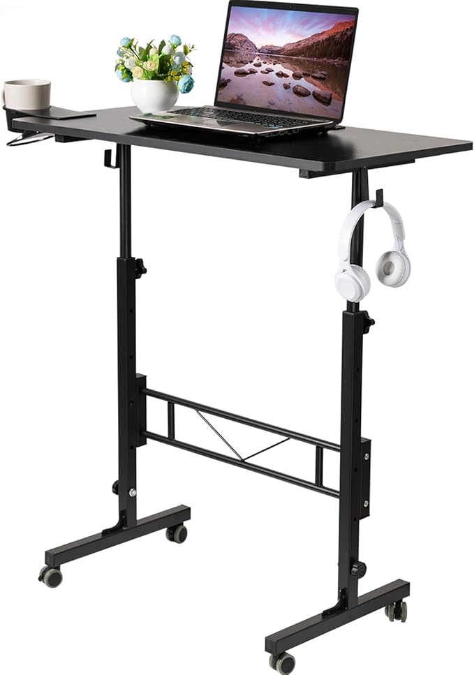 SIDUCAL Standing Desk Adjustable Height, Small Mobile Table with Wheels, Rolling Desk for Standing or Sitting, Portable Computer Desk for Walking Pad, Black