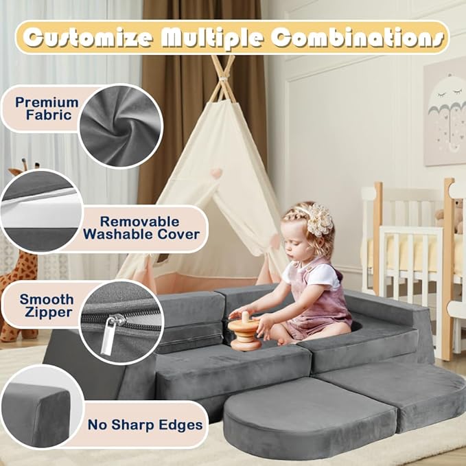 Modular Kids Play Couch Convertible Toddler Building Fort Sofa and Cushion 10Pcs Child DIY Floor Sofa for Sleeping Playroom Bedroom for Boys and Girls (Dark Gray)