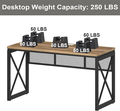 BON AUGURE Farmhouse Computer Desk, Modern Industrial Home Office Desks, Wood Metal Study Writing Table, Sturdy Gaming Desk (Vintage Oak, 54 Inch)