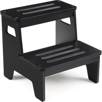 Wooden Step Stools for Kids, Heavy Duty Bamboo 2-Step Stepping Stools for Toddlers, DIY Non-Slip Pads & Handles, for High Bed, Bathroom, Toilet, Kitchen, RV, Black