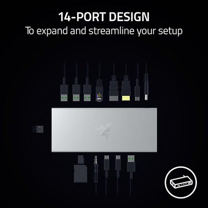 Razer USB 4 Dock: 14 Ports (Type C, Type A, HDMI, DP, Ethernet, SD, 3.5mm) - Dual Monitor Up to 4K 120 Hz - Laptop & Phone Fast Charge - Durable Lightweight Casing - Windows & Mac Compatible - Mercury