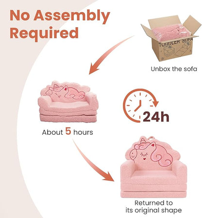 TinyPalsa Kids Couch, Convertible Sofa to Lounger Fold Out, Pink Unicorn Design Chair for Toddlers 1-3, Gift for Birthday, Movie Night