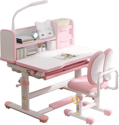 Kids Study Desk and Chair Set 3-18 Years Kids Desk and Chair Set Ergonomic Height Adjustable Children School Study Desk with Tilt Desktop, Drawer Boy and Girl Table and Chair Set