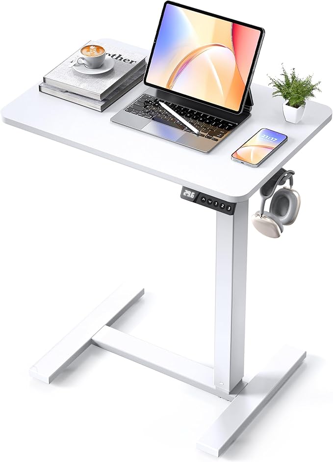 Electric Adjustable Height Standing Desk - Small Sit Stand Portable Rolling Laptop Table with Hidden Wheels, Small Computer Workstation for Bedside & Home Office Use (24"x16", White)