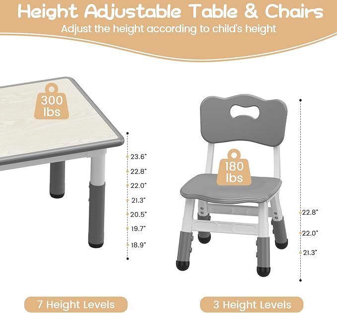 GarveeHome Kids Table and 4 Chairs Set, Height Adjustable Toddler Table and Chair Set for 4, Graffiti Desktop, Non-Slip Children Table for Home Daycare Preschool for Ages 2-8, Grey