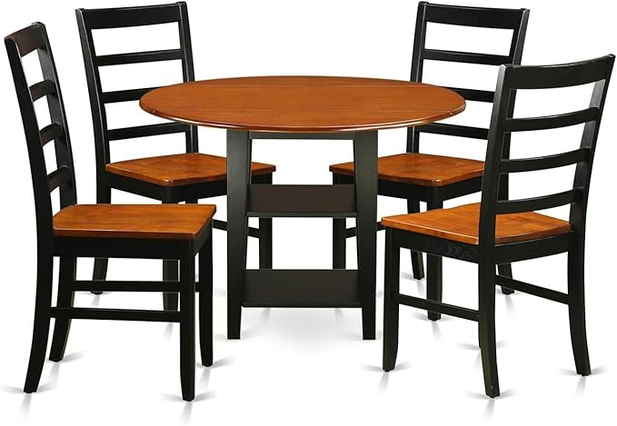 East West Furniture SUPF5-BCH-W 5 Piece Dining Set Includes a Round Dining Table with Dropleaf & Shelves and 4 Kitchen Chairs, 42x42 Inch, Black & Cherry