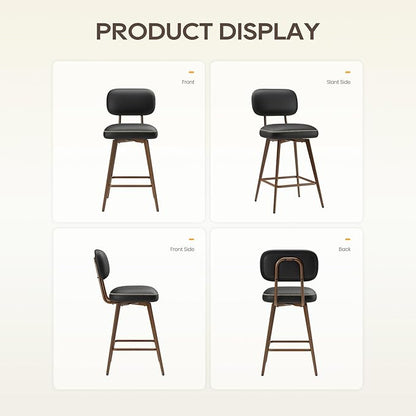 PU Leather Swivel Bar Stools Set of 2, Mid Century Counter Height Bar Chairs with Low Back and Metal Legs, Modern Bar Stool Chair for Kitchen Island, Black