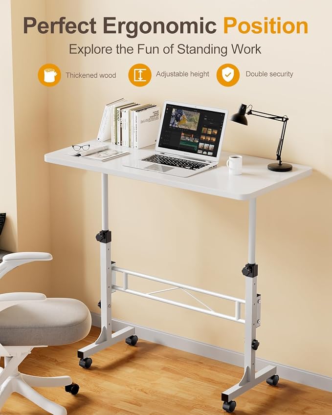 Small Standing Desk Adjustable Height, Mobile Stand Up Desk with Wheels, 32 Inch Portable Rolling Desks Computer Office Workstations for Walking Pad Treadmill White
