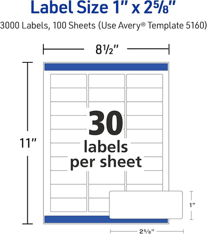 Avery Easy Peel Printable Address Labels with Sure Feed, 1" x 2-5/8" Customizable Stickers, White, 3,000 Blank Mailing Labels, Great for Mailing, Shipping, and More (5160)