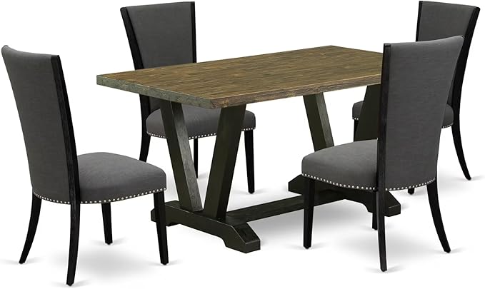 East West Furniture V676VE650-5 5 Piece Dining Set Includes a Rectangle Dining Room Table with V-Legs and 4 Dark Gotham Linen Fabric Parson Chairs, 36x60 Inch, Multi-Color